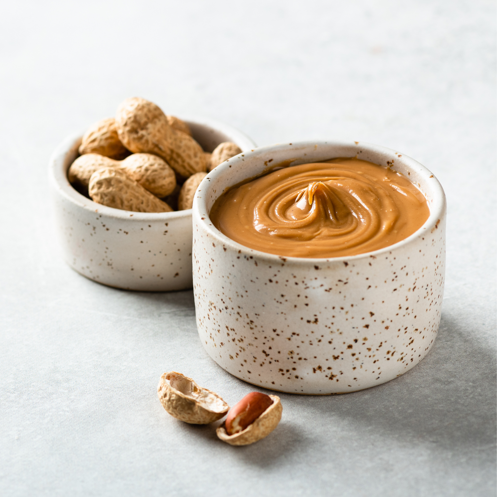 Two beautiful ceramic bowls, one filled with peanut butter and the other unshelled raw peanuts.