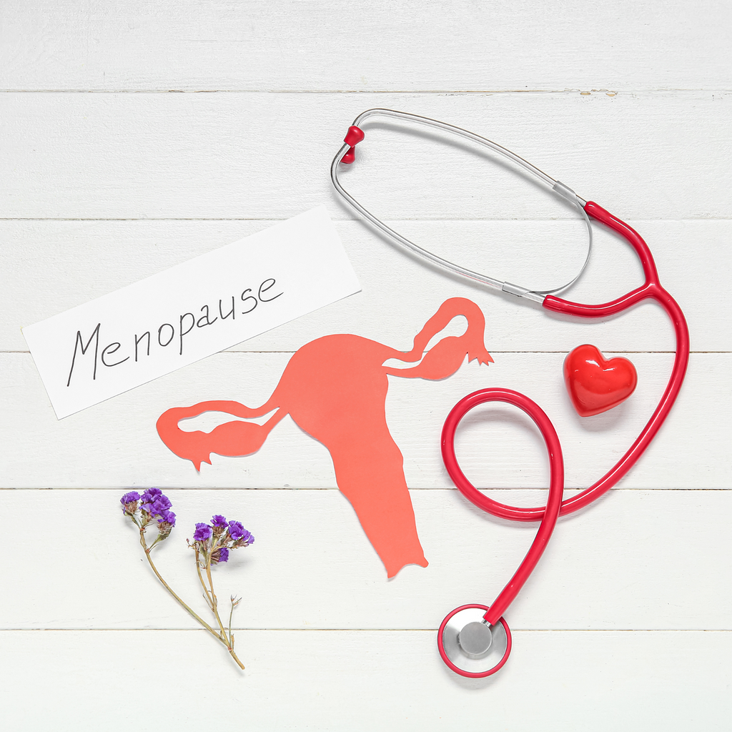 A stethoscope, a heart-shaped object, dried flowers, and a card labeled "menopause" arranged on a white wooden background, attempting to represent the stages of menopause..