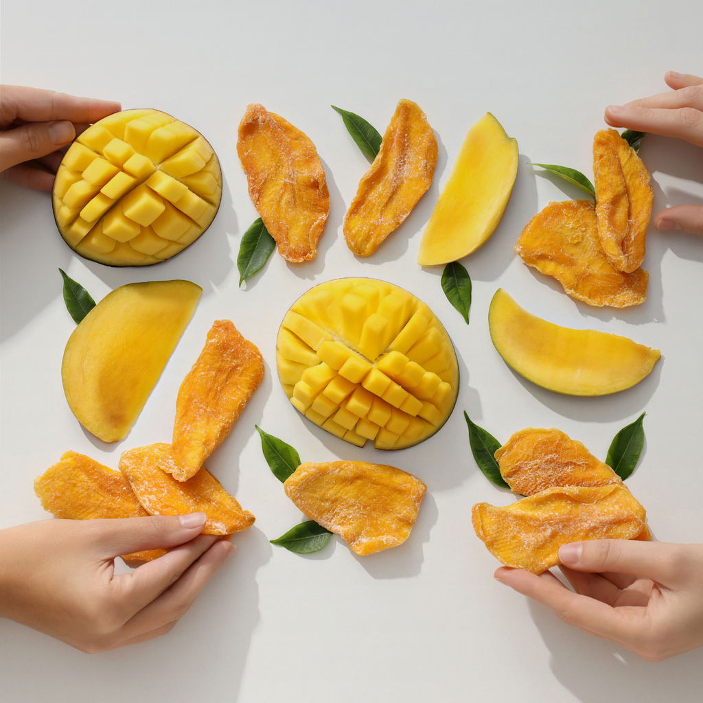 Hands reaching for dried mango slices arranged around cubed and sliced fresh mango.