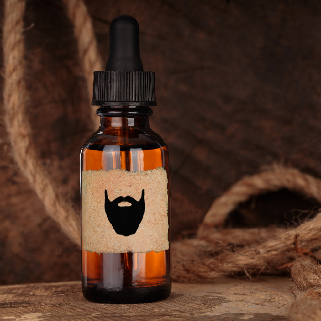 A bottle of beard oil, a great DIY Father's Day Gift, placed on a wooden table.