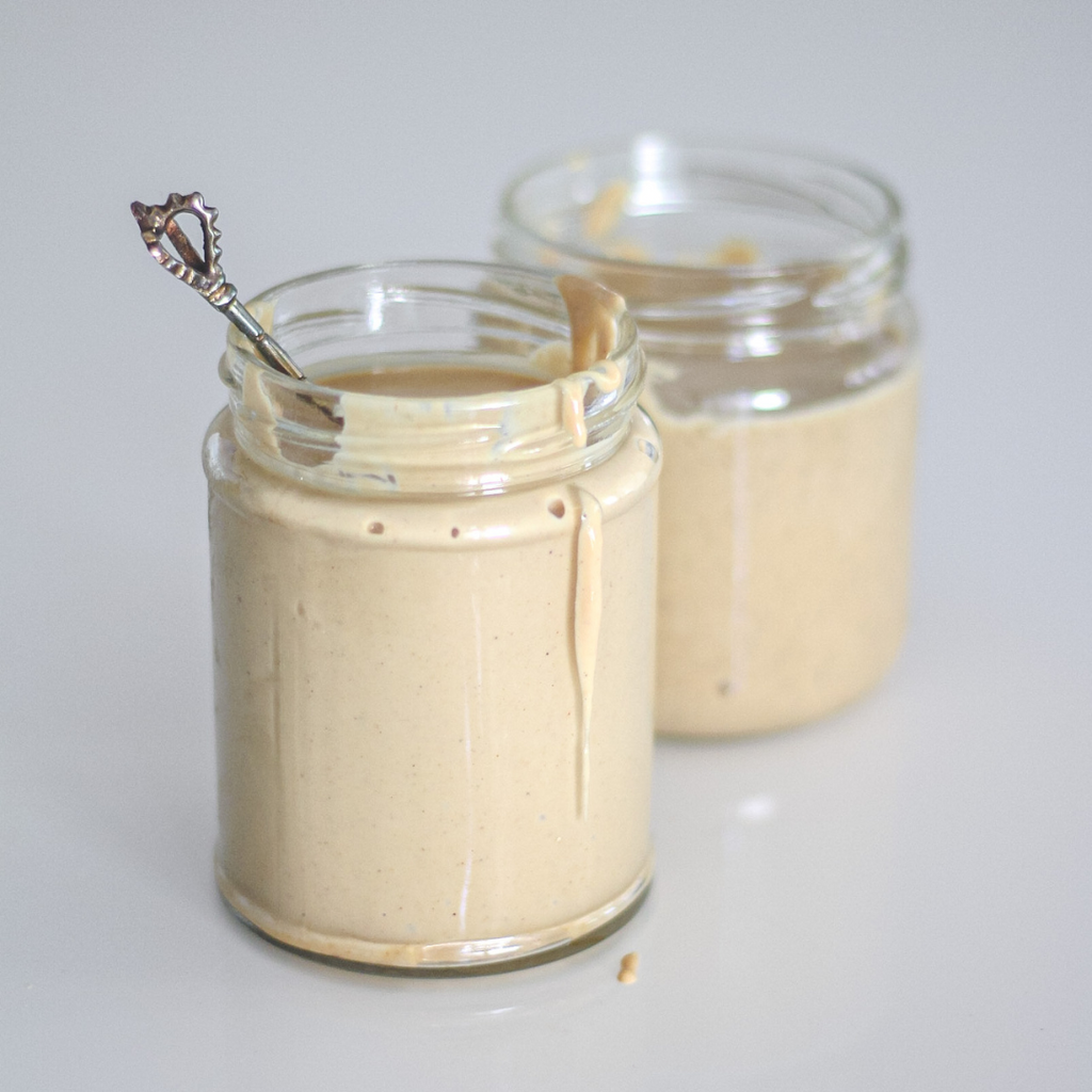 2 jars of natural cashew nut butter against a grey background