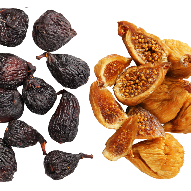 Dried black mission figs and dried Turkish figs against a white background. 