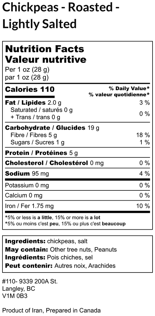 Nutrition facts label for roasted chickpeas with light salt, including calories, macronutrients, and ingredients.