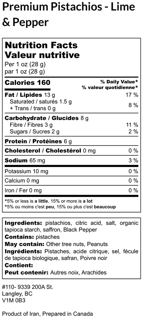 Premium roasted pistachios flavored with lime and pepper
