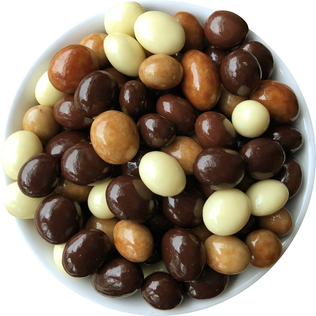 Espresso coffee beans coated in white, milk and dark chocolate